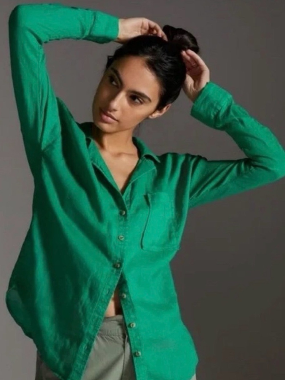 Maeve by Anthropologie 100% linen green button down shirt